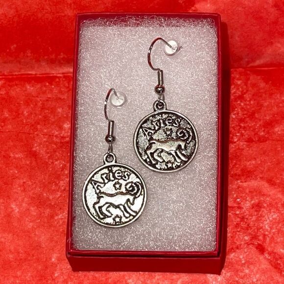 ARIES IRON & SILVER DOUBLE SIDED ZODIAC DROP EARRINGS - Picture 1 of 5